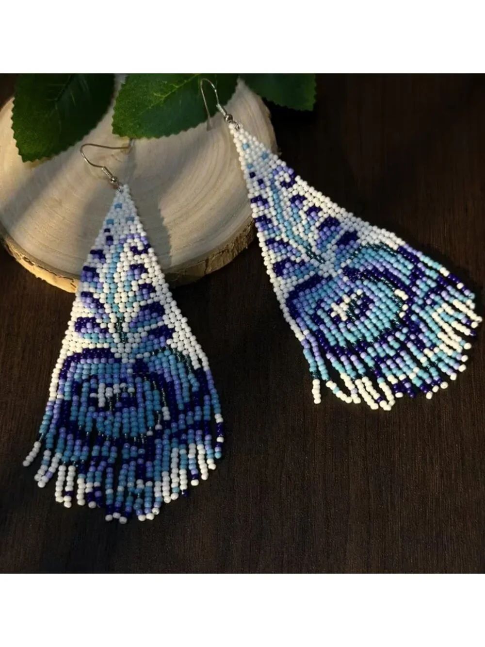 NWT Boho Blue Rose Seed Bead Fringe Tassel Earrings
